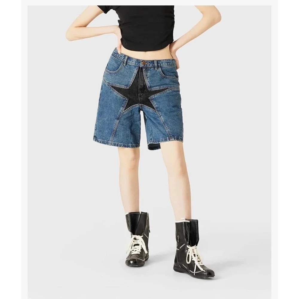 NWT Aelfric Eden Unisex Star Patchwork Jorts 27 Baggy Jean Shorts Denim Y2K